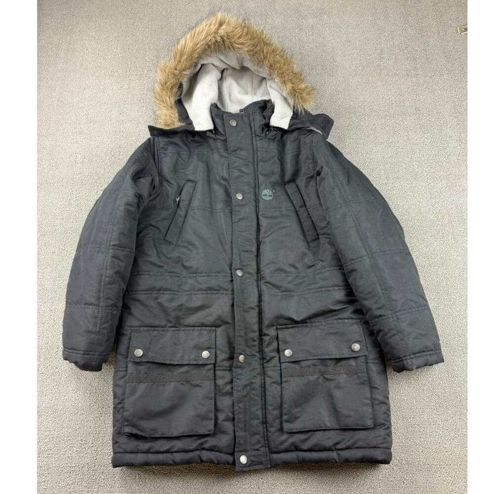 Timberland Parka Jacket Women M Black Fleece Lined Faux Fur Hooded Fleece Lined